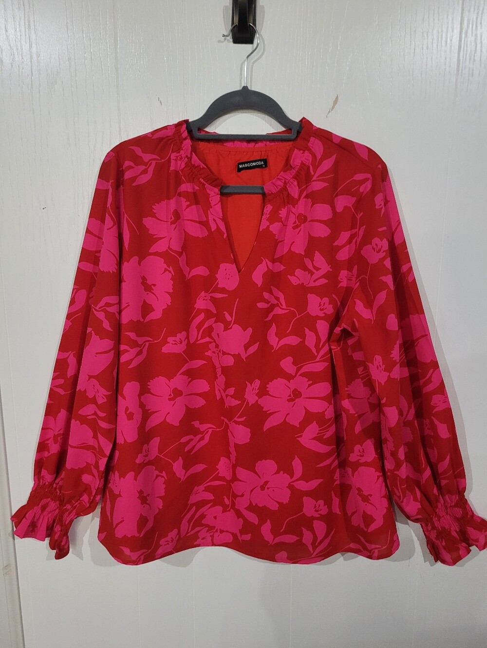 Mascomoda Red & Hot Pink Floral Boho Ruffled V-Neck Blouse Size XL